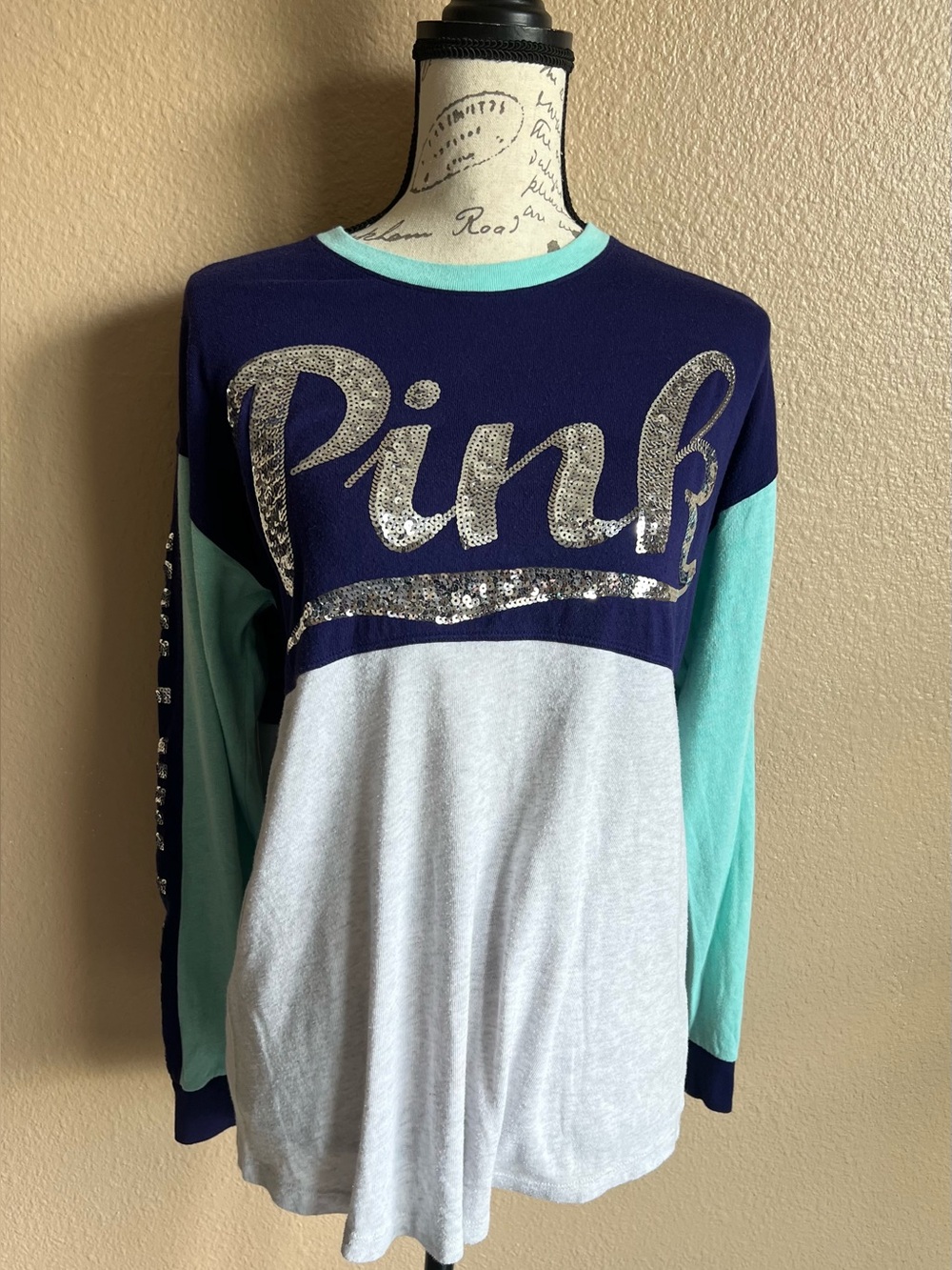 Victoria's Secret Color Block Baseball PINK Silver Sequins Long Sleeve T-shit M
